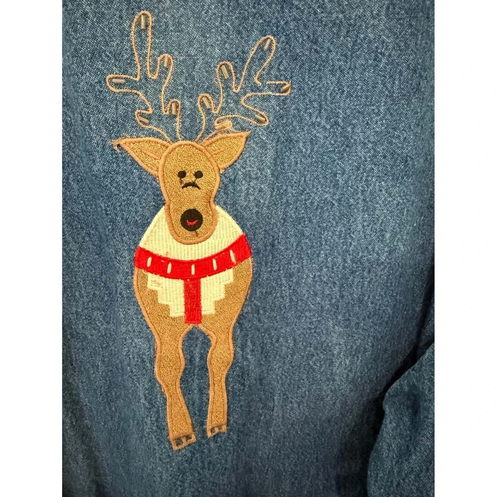 Tantrums Vintage Christmas Denim Jacket Embroidered Santa Reindeer Plaid Collar - Picture 8 of 9